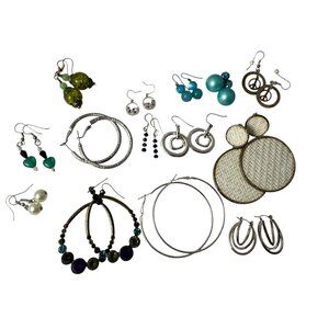 Mixed Lot 14 Earrings Dangle Hoops Beaded Peace Sign Boho Silver Tone Faux Pearl